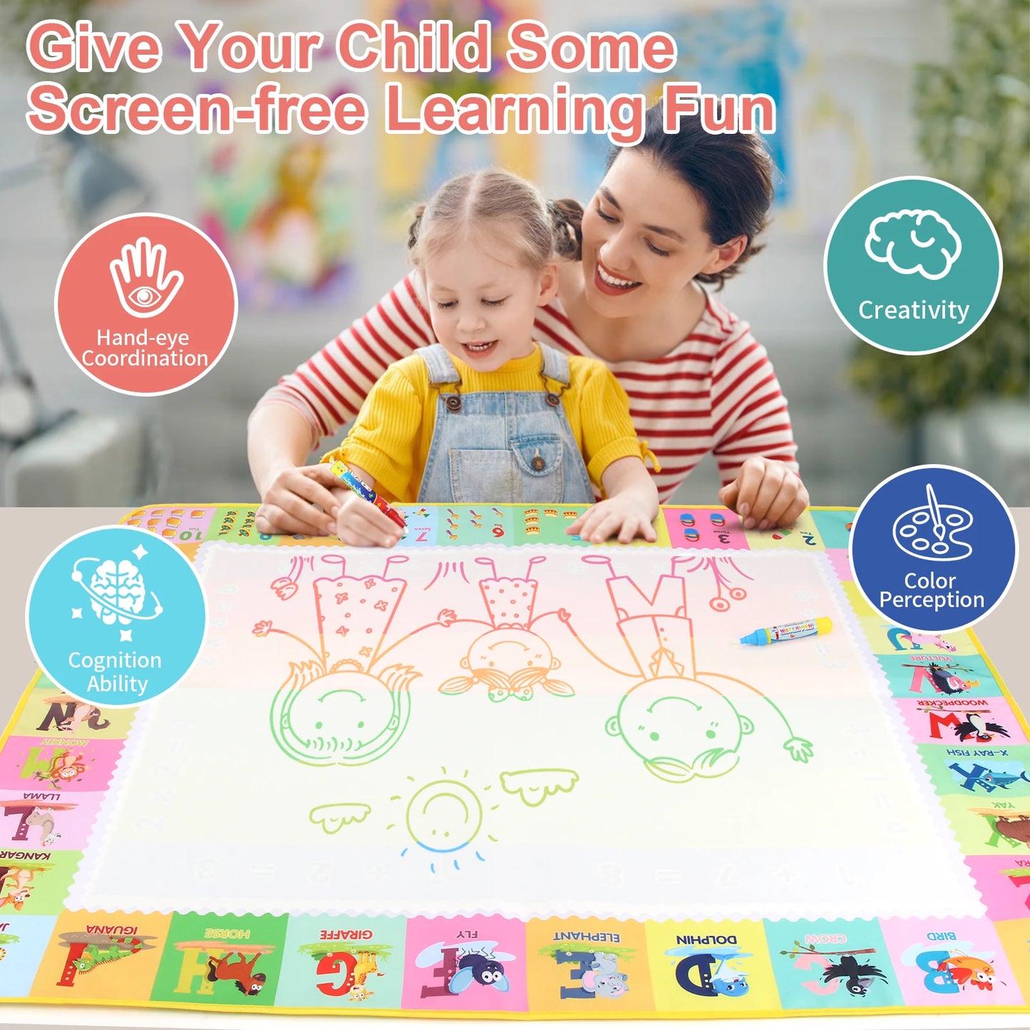 100x80CM Montessori Magic Drawing Board – Reusable Water Doodle Mat for Kids Educational Art & Pen Control Training